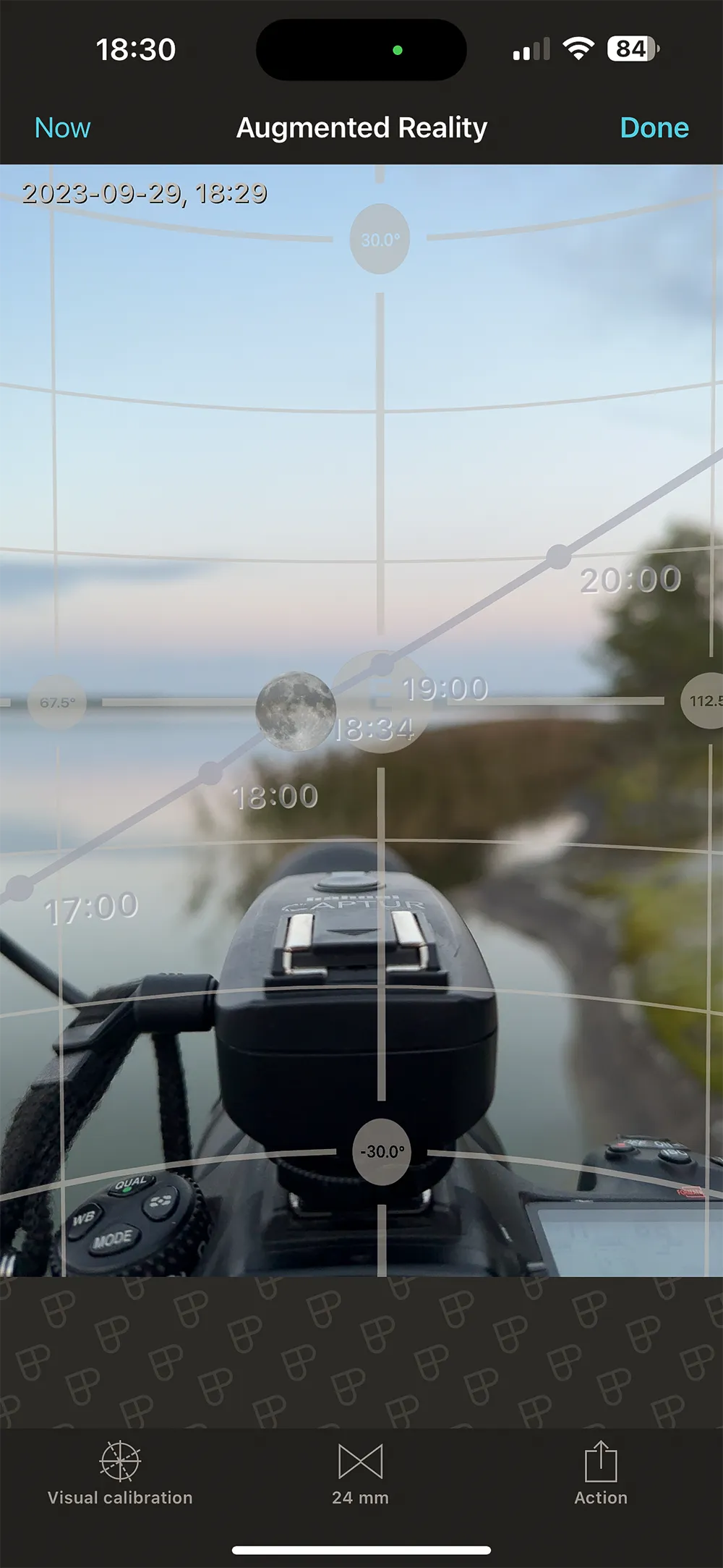 Augmented reality showing Moon rise at photographic location